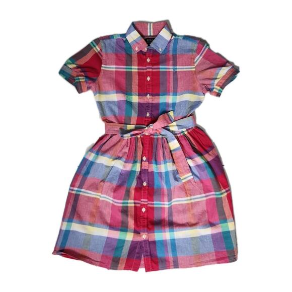 Polo Ralph Lauren Girls Madras Plaid Multicolor Fit & Flare Shirt Dress Size 16 - Picture 2 of 8
